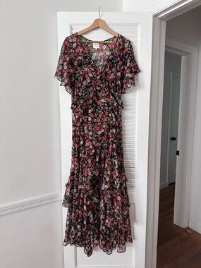 Misa Los Angeles Floral Ruffle Maxi Dress - Black with Red Floral